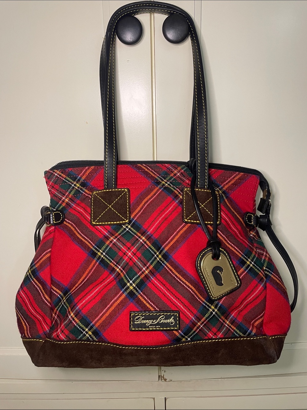 Dooney & Bourke Red Plaid Tartan Tote Bag with Brown Leather and Suede trim